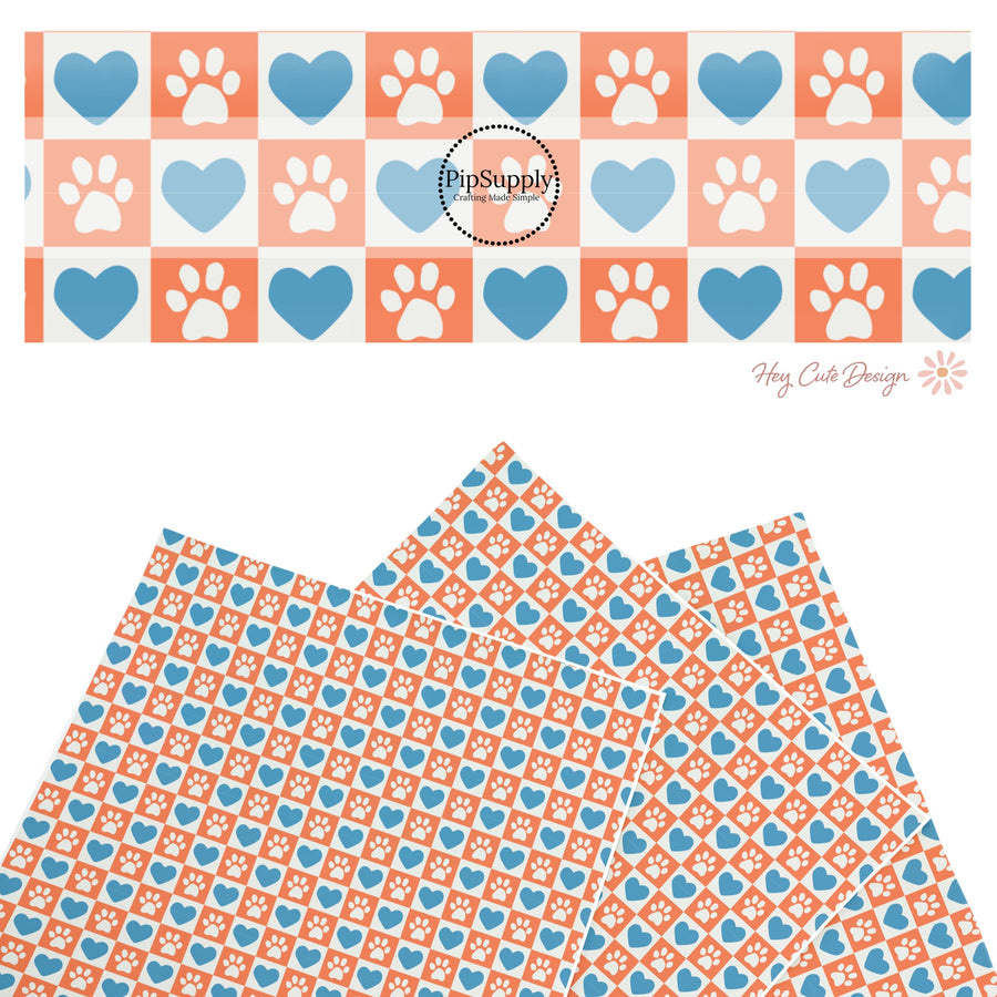 These holiday faux leather sheets contain the following design elements: blue hearts and dog paws on orange and cream checkers. Our CPSIA compliant faux leather sheets or rolls can be used for all types of crafting projects.