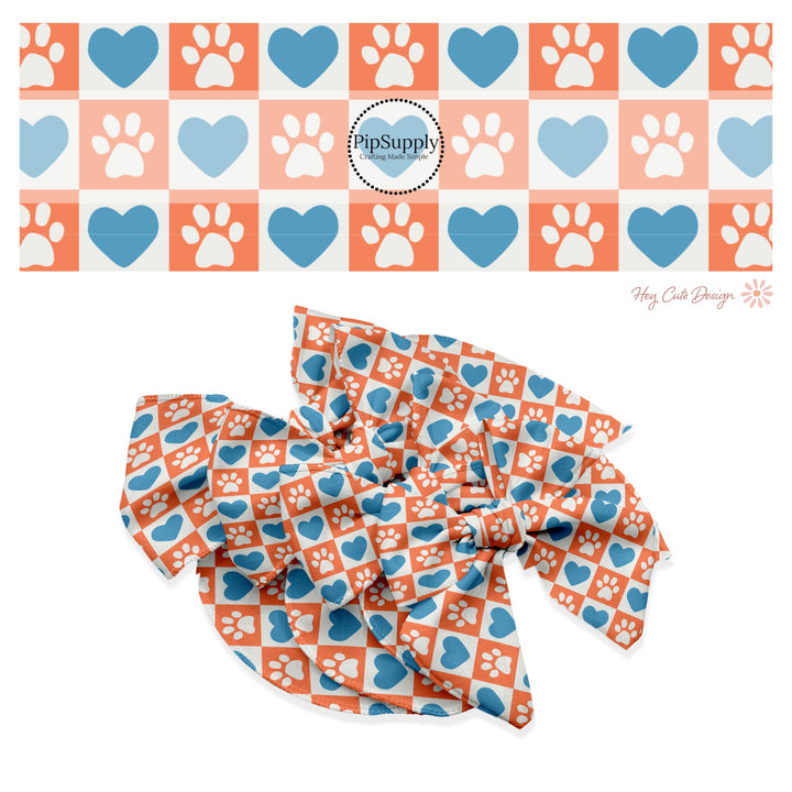 These holiday no sew bow strips can be easily tied and attached to a clip for a finished hair bow. These festive bow strips are great for personal use or to sell. These bow strips feature the following design elements: blue hearts and dog paws on orange and cream checkers