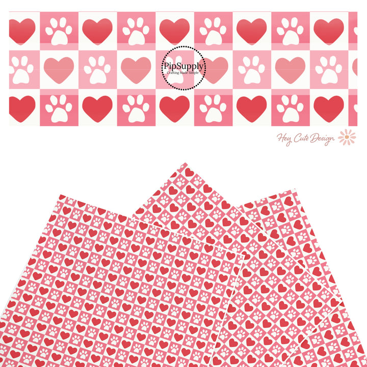 These holiday faux leather sheets contain the following design elements: red hearts and dog paws on pink and cream checkers. Our CPSIA compliant faux leather sheets or rolls can be used for all types of crafting projects.