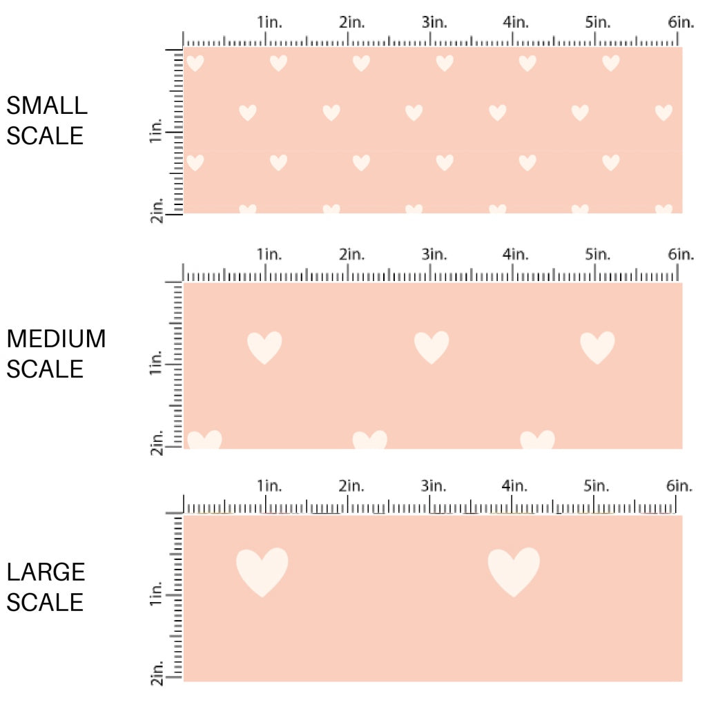 This scale chart of small scale, medium scale, and large scale of this summer fabric by the yard features tiny cream hearts on light peach. This fun summer themed fabric can be used for all your sewing and crafting needs!