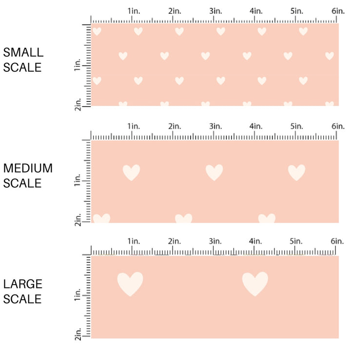 This scale chart of small scale, medium scale, and large scale of this summer fabric by the yard features tiny cream hearts on light peach. This fun summer themed fabric can be used for all your sewing and crafting needs!