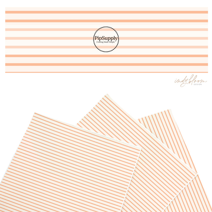 These summer faux leather sheets contain the following design elements: peach and cream stripes. Our CPSIA compliant faux leather sheets or rolls can be used for all types of crafting projects.