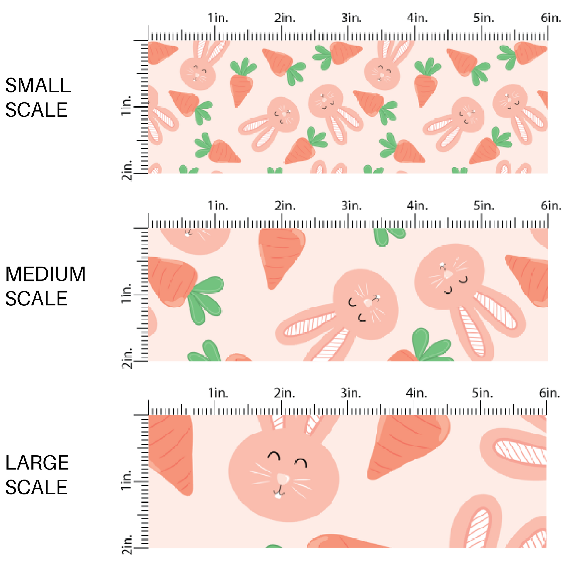 Scattered Cartoon Carrots and Bunnies on Peachy Pink Fabric by the Yard Scaled image guide.