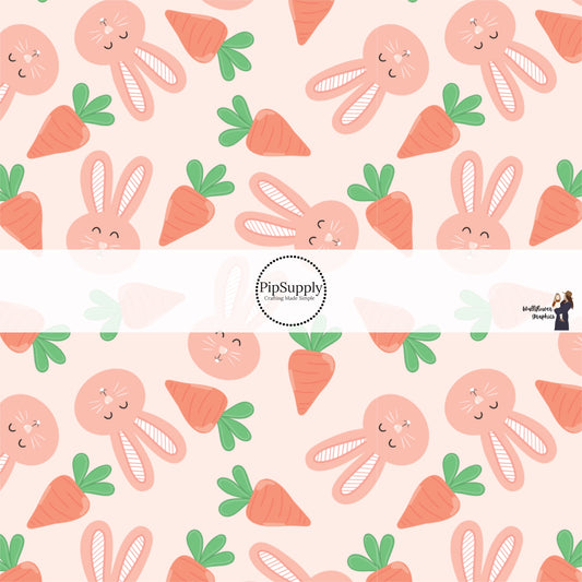 Scattered Cartoon Carrots and Bunnies on Peachy Pink Fabric by the Yard.
