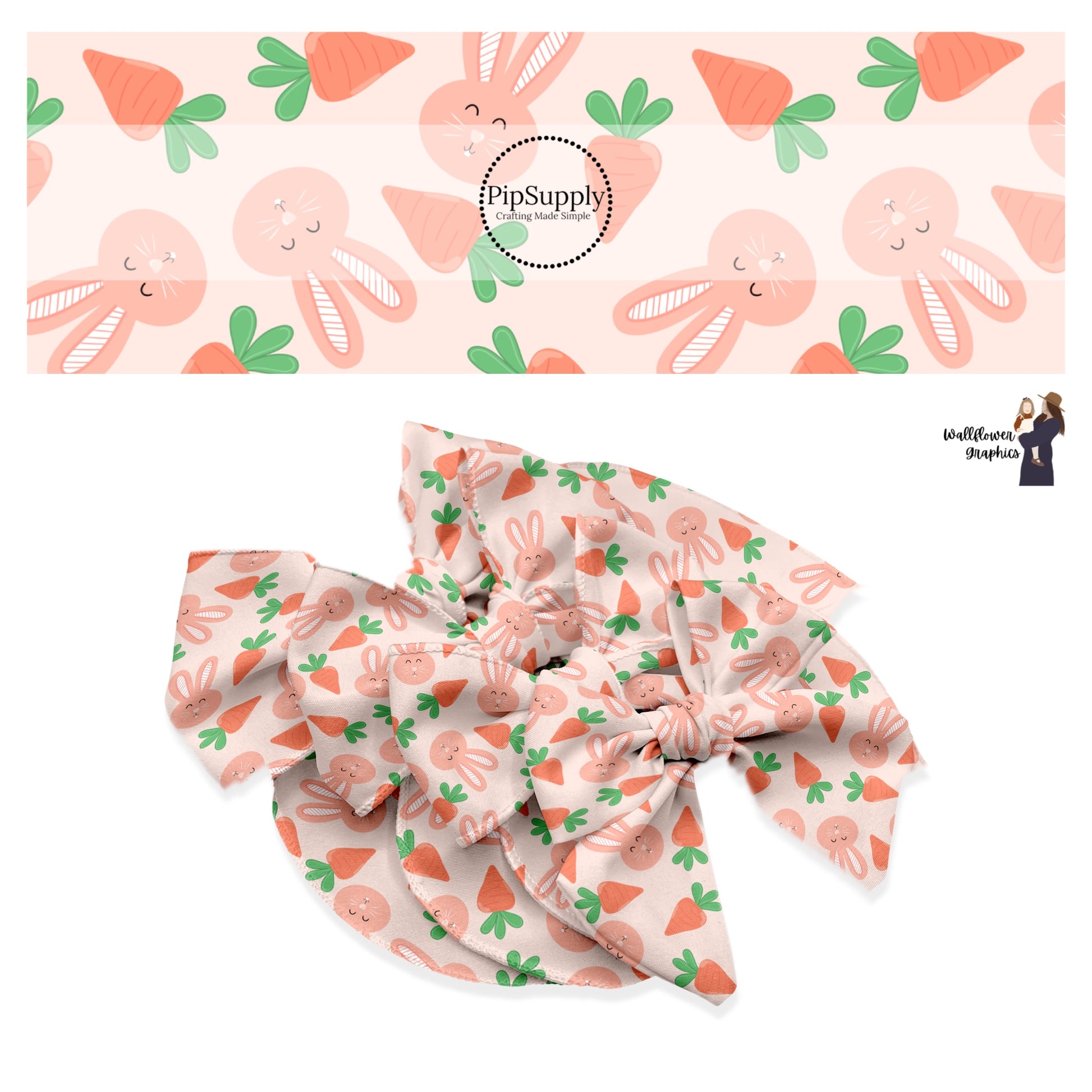These spring pattern themed no sew bow strips can be easily tied and attached to a clip for a finished hair bow. These patterned bow strips are great for personal use or to sell. These bow strips features bunnies surrounded by carrots on light peach. 