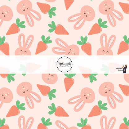 These spring pattern themed no sew bow strips can be easily tied and attached to a clip for a finished hair bow. These patterned bow strips are great for personal use or to sell. These bow strips features bunnies surrounded by carrots on light peach. 
