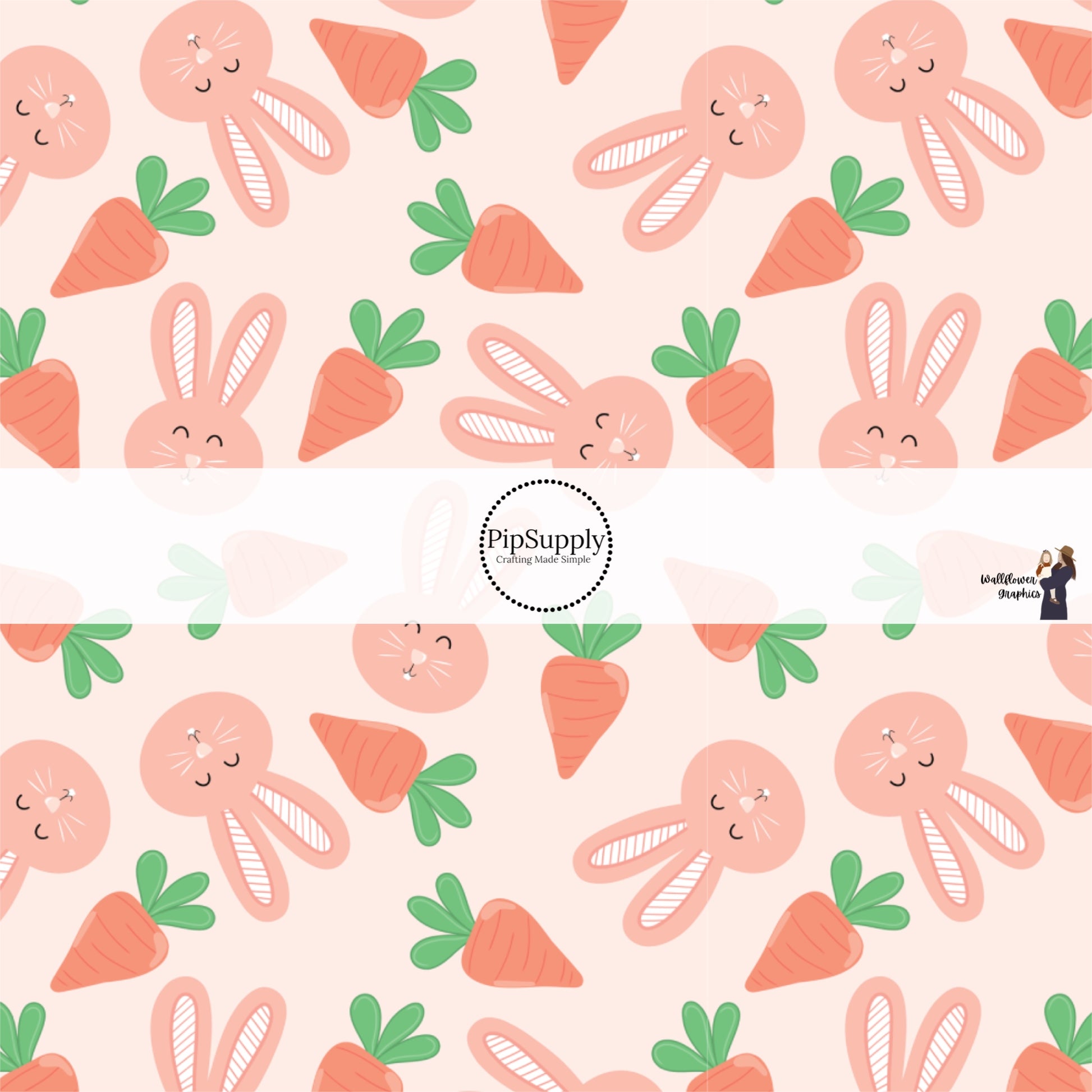 These spring patterned headband kits are easy to assemble and come with everything you need to make your own knotted headband. These kits include a custom printed and sewn fabric strip and a coordinating velvet headband. This cute pattern features bunnies surrounded by carrots on light peach. 