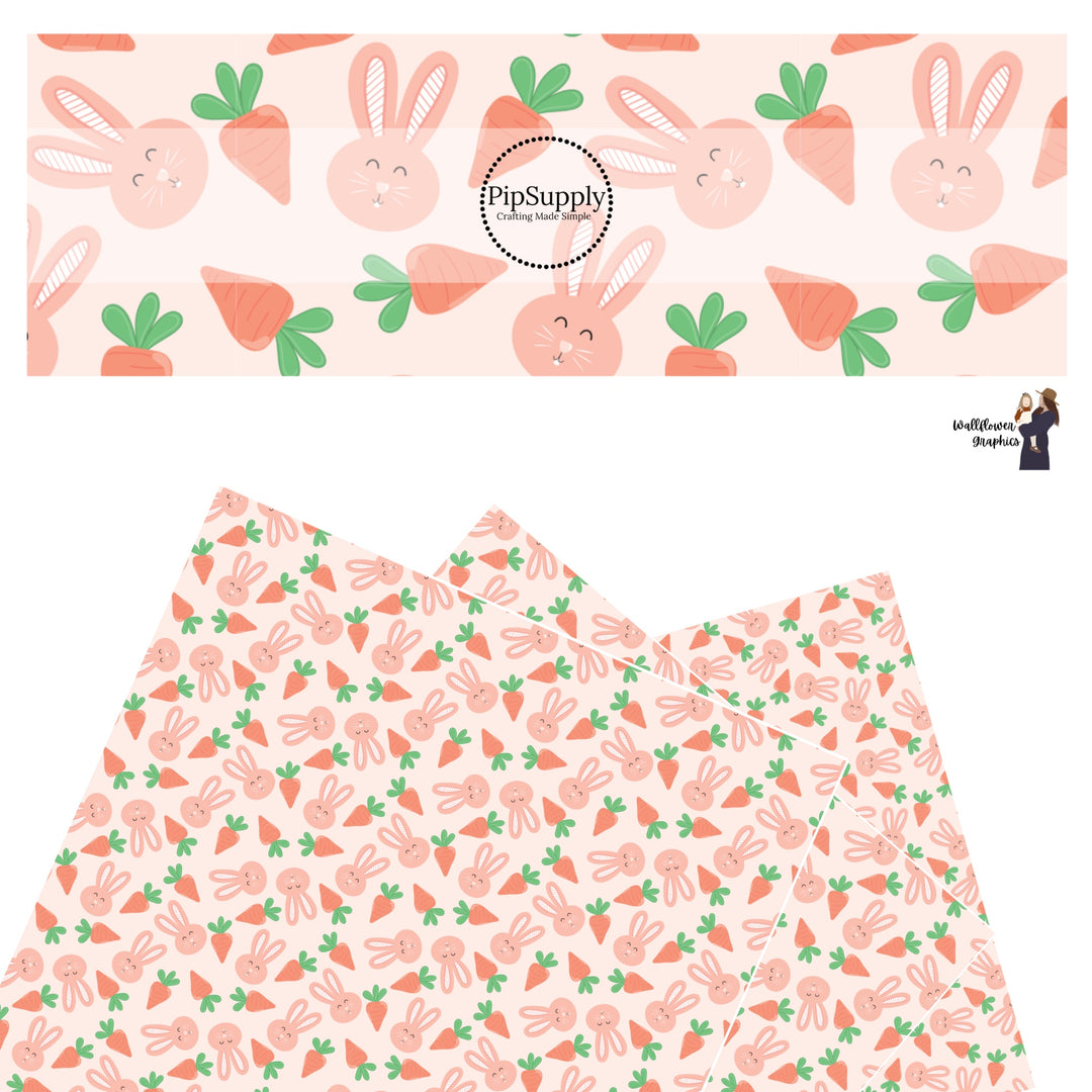 These spring pattern themed faux leather sheets contain the following design elements: bunnies surrounded by carrots on light peach. Our CPSIA compliant faux leather sheets or rolls can be used for all types of crafting projects.