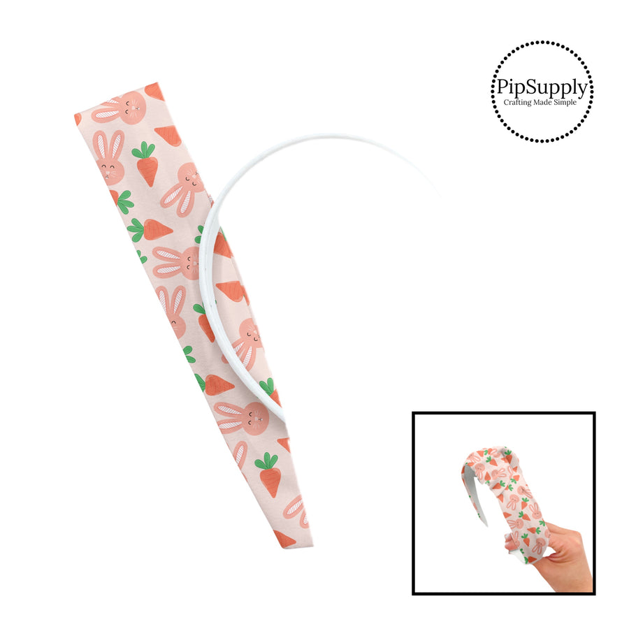 These spring patterned headband kits are easy to assemble and come with everything you need to make your own knotted headband. These kits include a custom printed and sewn fabric strip and a coordinating velvet headband. This cute pattern features bunnies surrounded by carrots on light peach. 