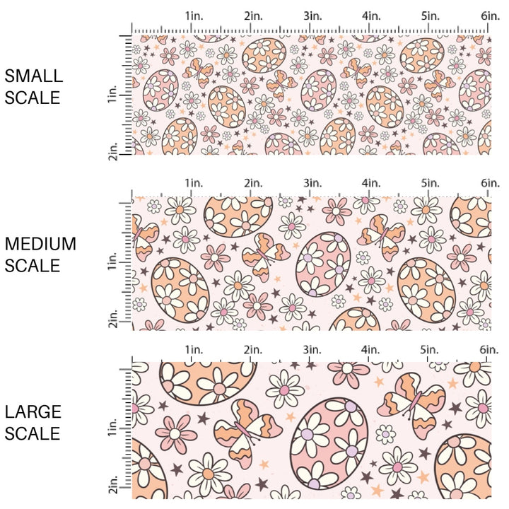 This Easter themed fabric by the yard features peachy orange and pink floral Easter eggs. This fun pattern fabric can be used for all your sewing and crafting needs!