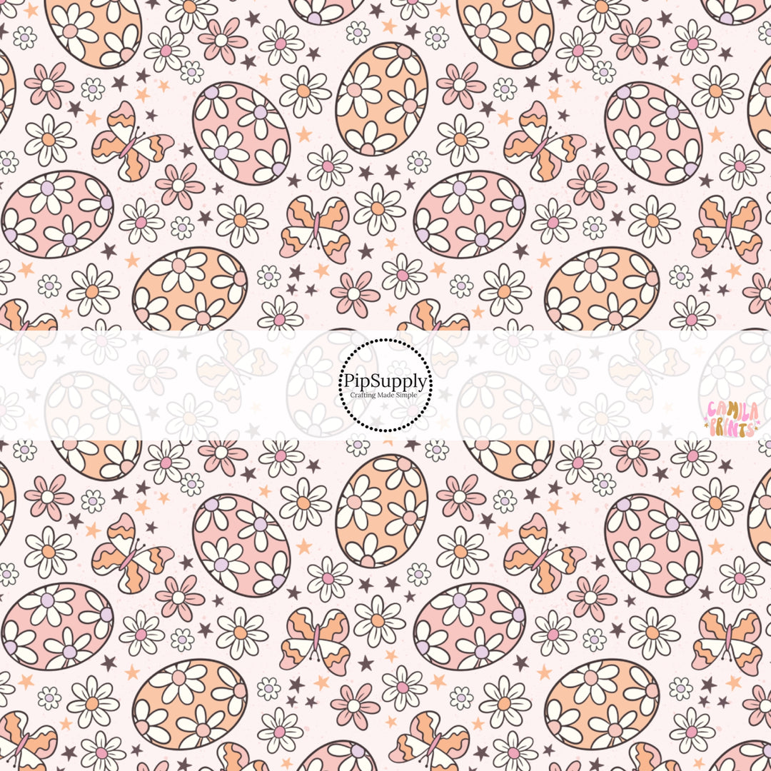 This Easter themed fabric by the yard features peachy orange and pink floral Easter eggs. This fun pattern fabric can be used for all your sewing and crafting needs!