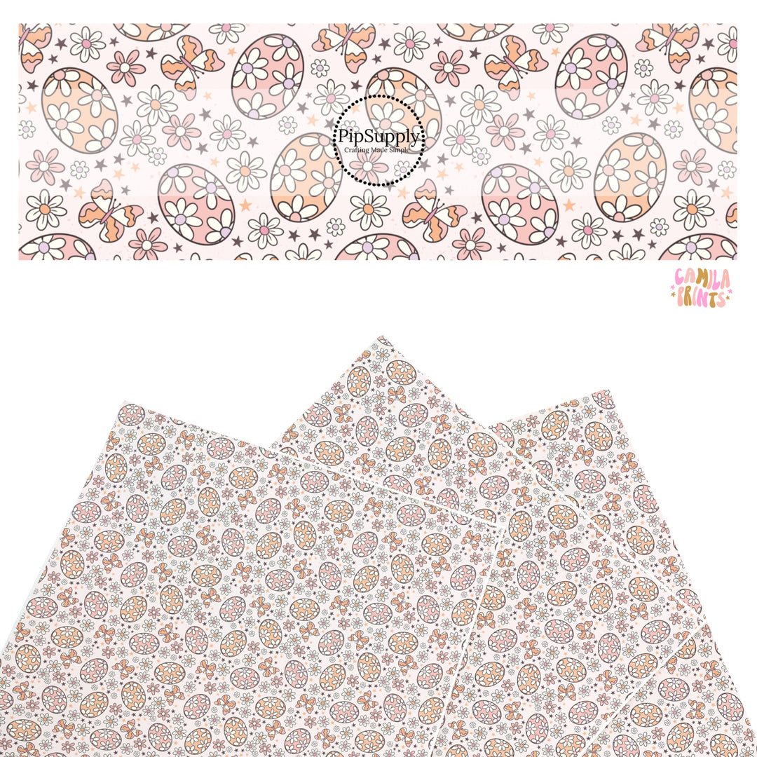 These floral themed faux leather sheets contain the following design elements: peachy orange and pink floral Easter eggs. Our CPSIA compliant faux leather sheets or rolls can be used for all types of crafting projects.