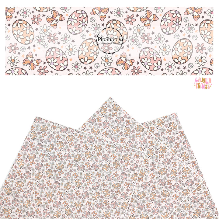 These floral themed faux leather sheets contain the following design elements: peachy orange and pink floral Easter eggs. Our CPSIA compliant faux leather sheets or rolls can be used for all types of crafting projects.