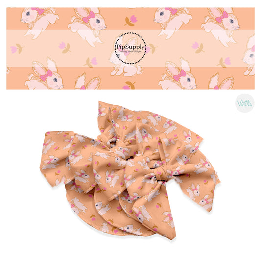 These spring pattern themed no sew bow strips can be easily tied and attached to a clip for a finished hair bow. These patterned bow strips are great for personal use or to sell. These bow strips features pink tulips surrounding cream bunnies on peach. 