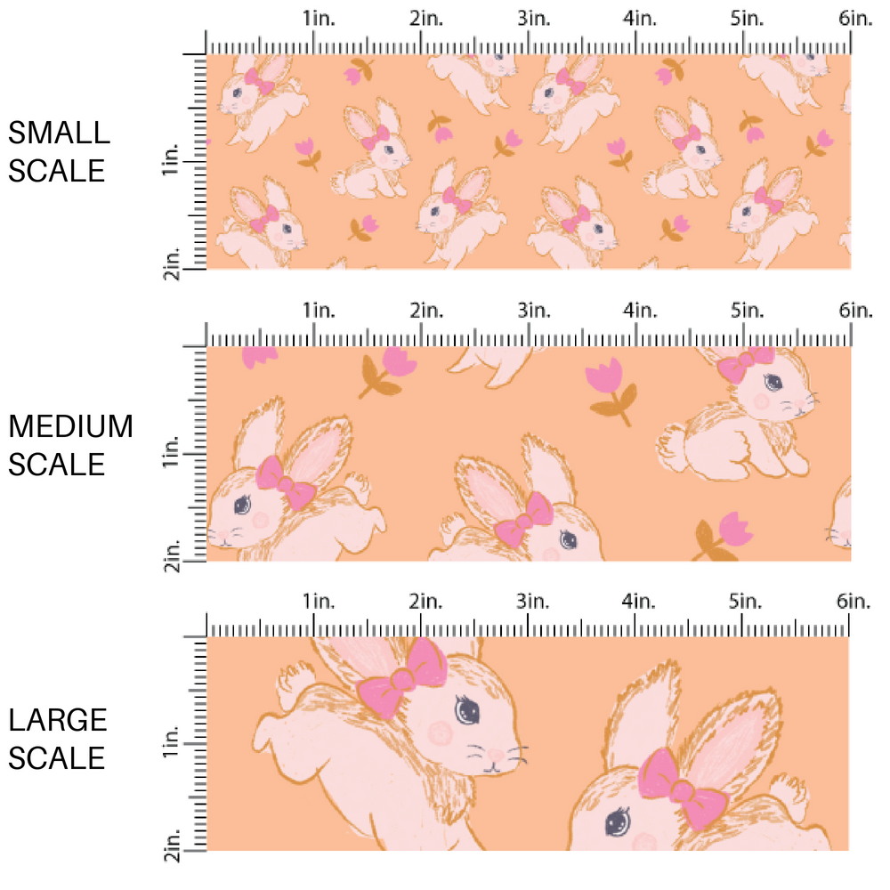 White Fuzzy Bunnies on Peach Colored Fabric by the Yard scaled image guide.