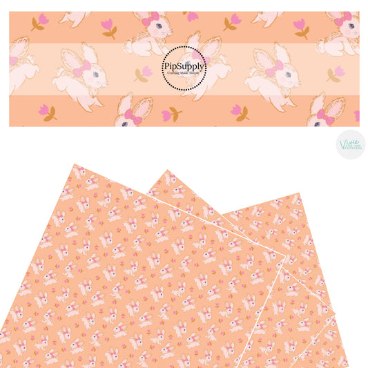 These spring pattern themed faux leather sheets contain the following design elements: pink tulips surrounding cream bunnies on peach. Our CPSIA compliant faux leather sheets or rolls can be used for all types of crafting projects.