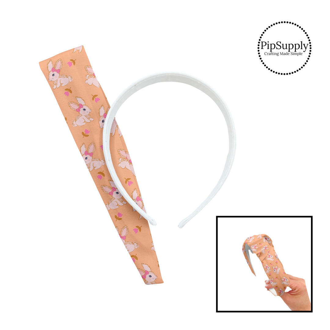 These spring patterned headband kits are easy to assemble and come with everything you need to make your own knotted headband. These kits include a custom printed and sewn fabric strip and a coordinating velvet headband. This cute pattern features pink tulips surrounding cream bunnies on peach. 