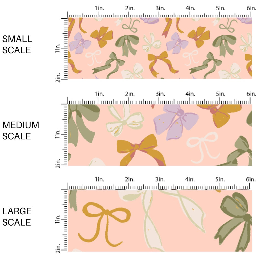 This scale chart of small scale, medium scale, and large scale of this summer fabric by the yard features woodsy cutesy bows on peach. This fun themed fabric can be used for all your sewing and crafting needs!
