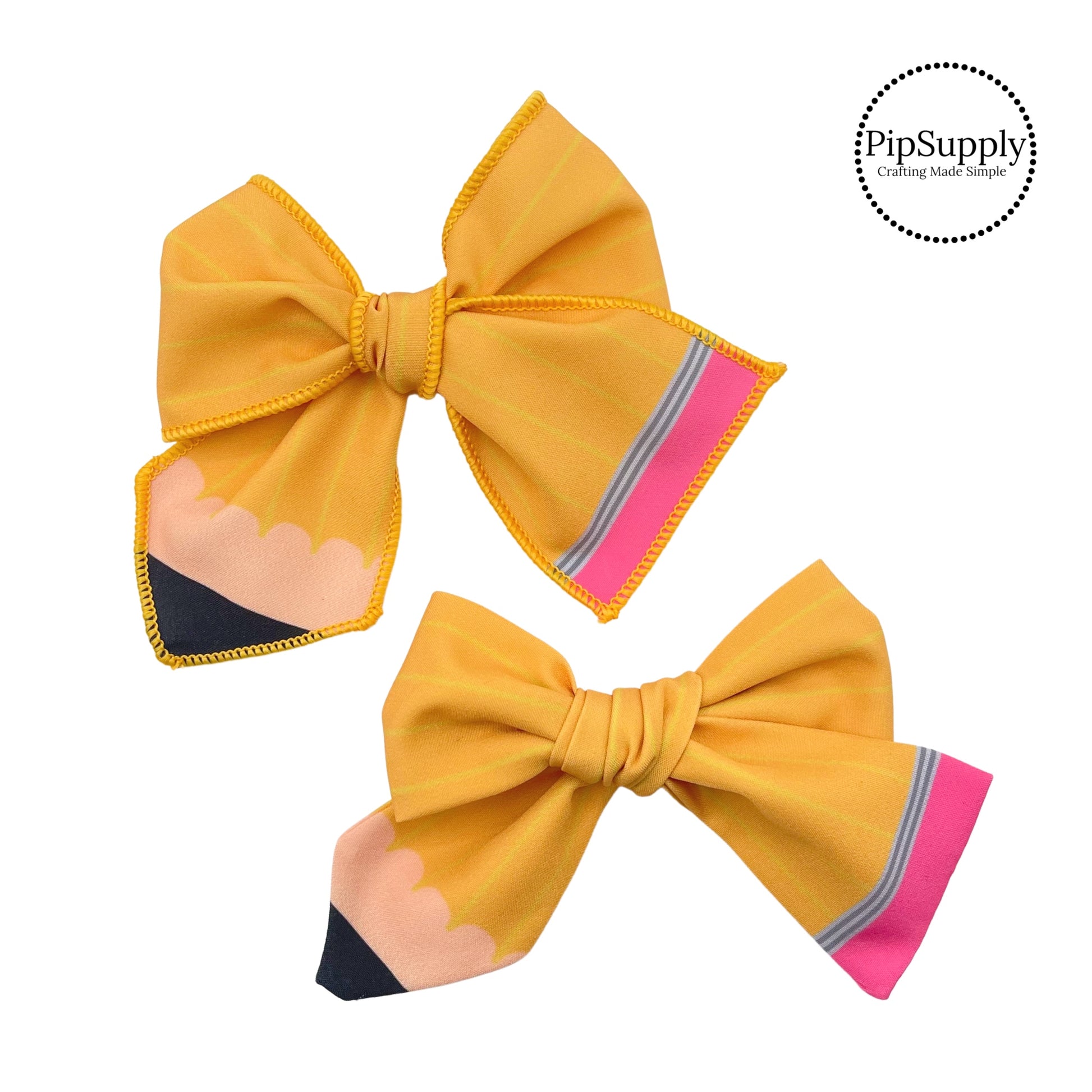 Yellow lined pencil with pink eraser and black led hair bow strips