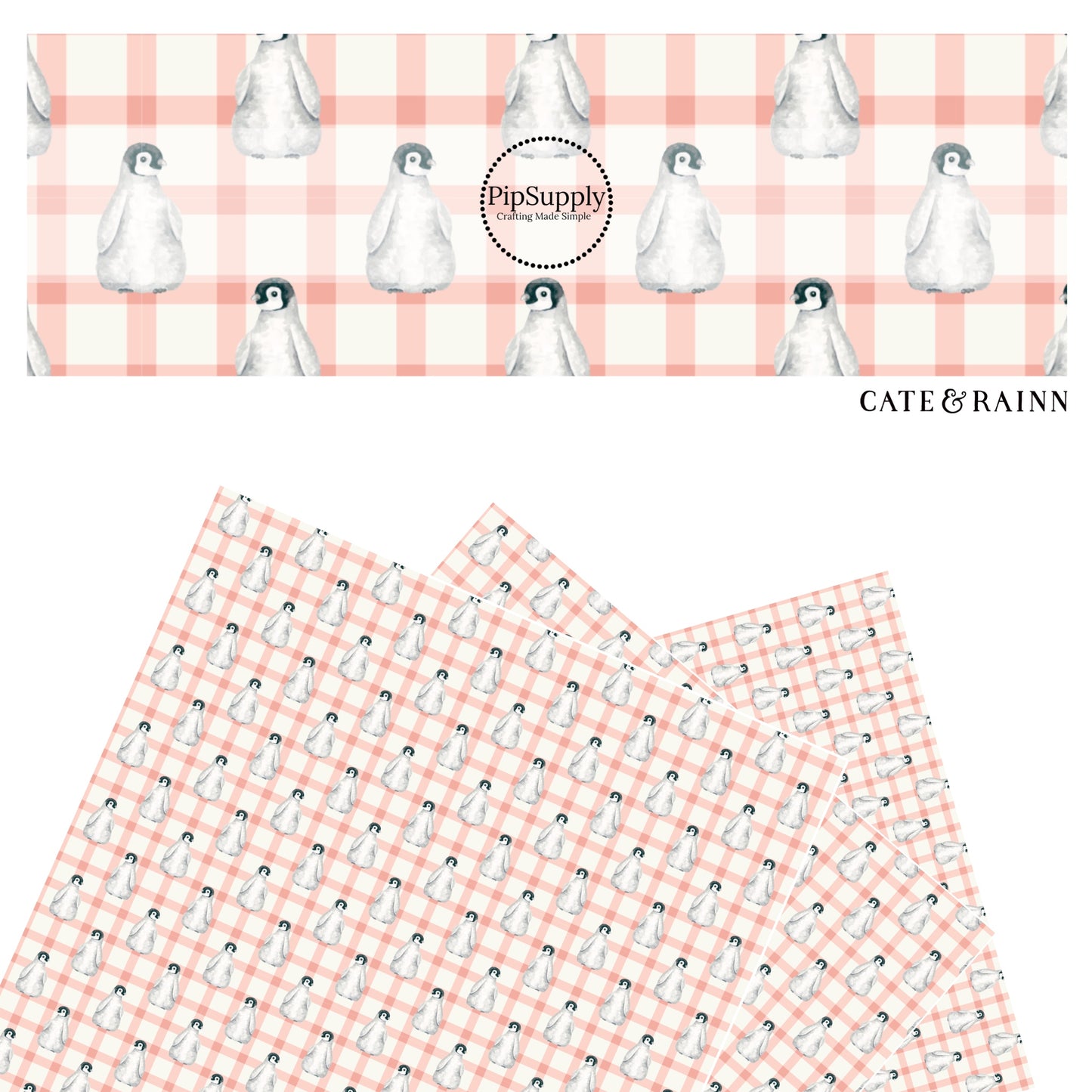 Penguins on peach and white plaid faux leather sheets