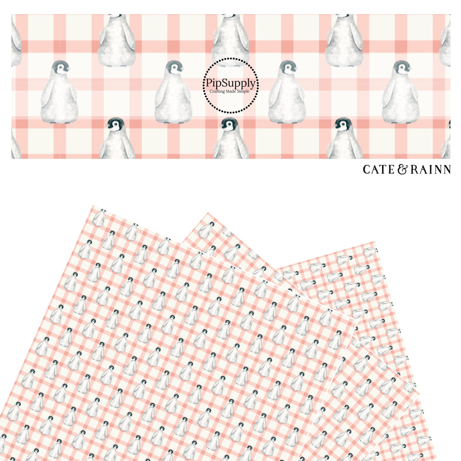 Penguins on peach and white plaid faux leather sheets