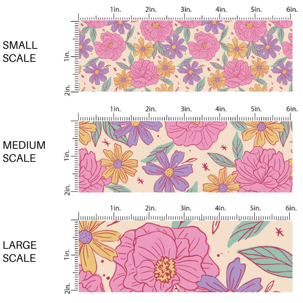 This scale chart of small scale, medium scale, and large scale of this summer fabric by the yard features peonies on cream. This fun summer themed fabric can be used for all your sewing and crafting needs!