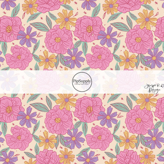 This summer fabric by the yard features peonies on cream. This fun summer themed fabric can be used for all your sewing and crafting needs!