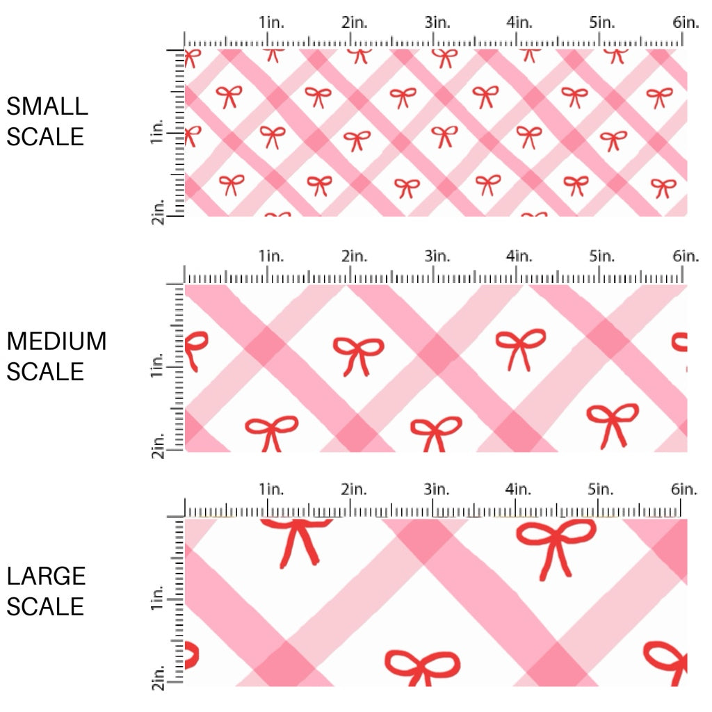 These winter bow themed pattern fabric by the yard features the following design elements: red bows on pink and cream grid pattern. This fun themed fabric can be used for all your sewing and crafting needs!