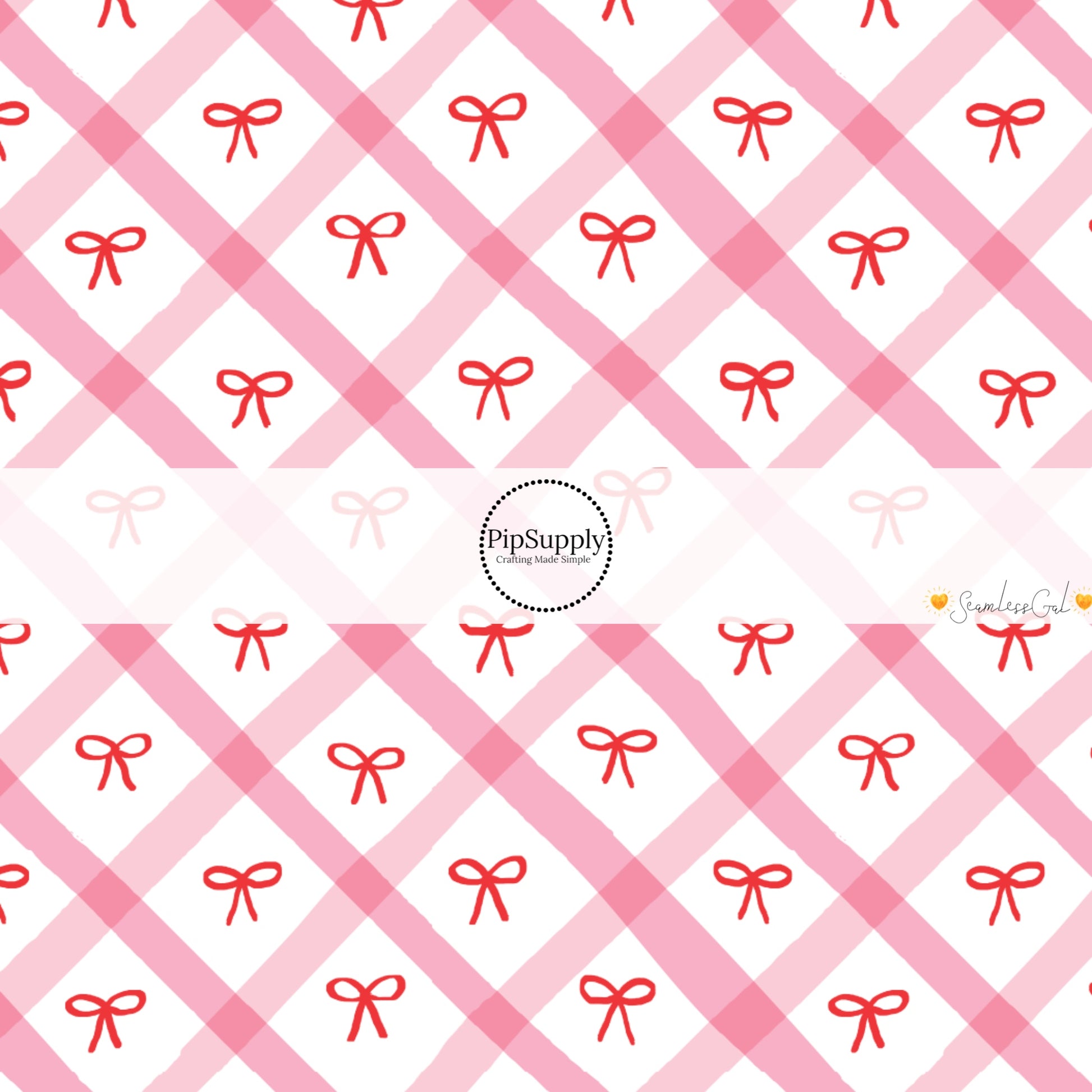 These winter bow themed pattern fabric by the yard features the following design elements: red bows on pink and cream grid pattern. This fun themed fabric can be used for all your sewing and crafting needs!