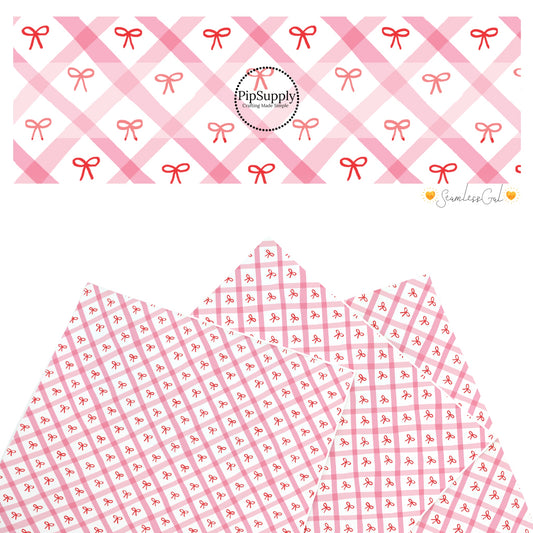 These winter bow themed pattern faux leather sheets contain the following design elements: red bows on pink and cream grid pattern. Our CPSIA compliant faux leather sheets or rolls can be used for all types of crafting projects.