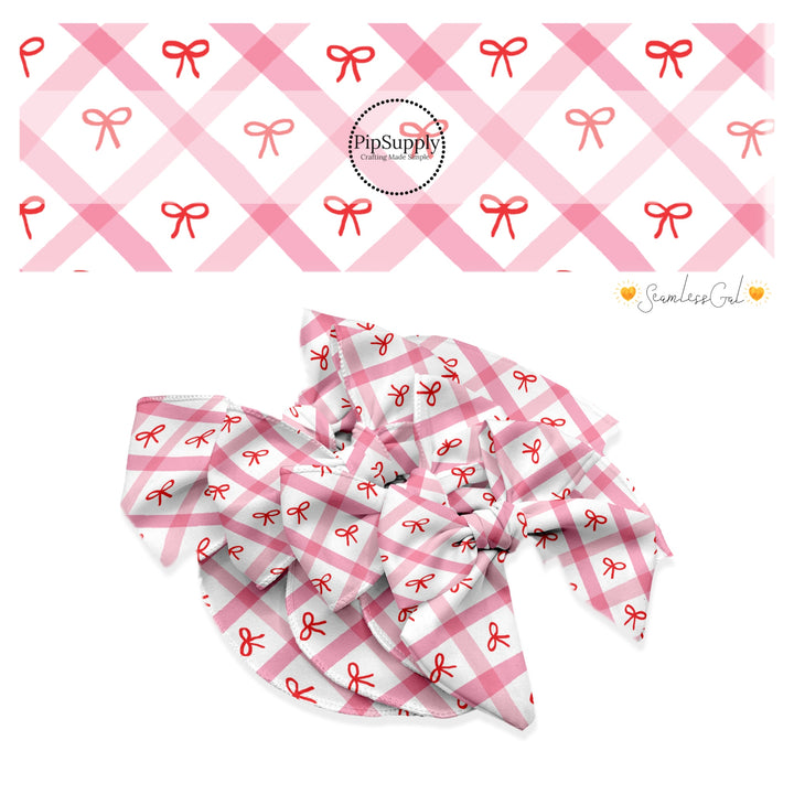 These winter bow themed no sew bow strips can be easily tied and attached to a clip for a finished hair bow. These fun patterned bow strips are great for personal use or to sell. These bow strips feature the following design elements: red bows on pink and cream grid pattern.