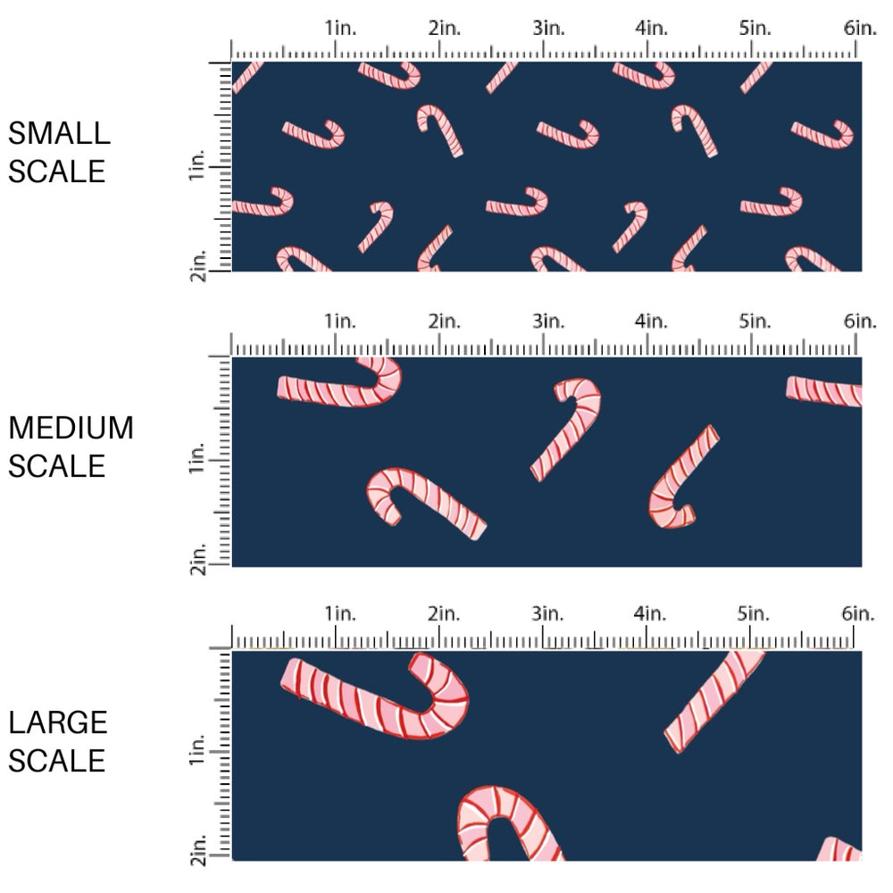 These Christmas themed pattern fabric by the yard features the following design elements: candy canes on navy. This fun themed fabric can be used for all your sewing and crafting needs!