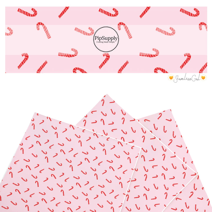 These Christmas themed pattern faux leather sheets contain the following design elements: candy canes on pink. Our CPSIA compliant faux leather sheets or rolls can be used for all types of crafting projects.