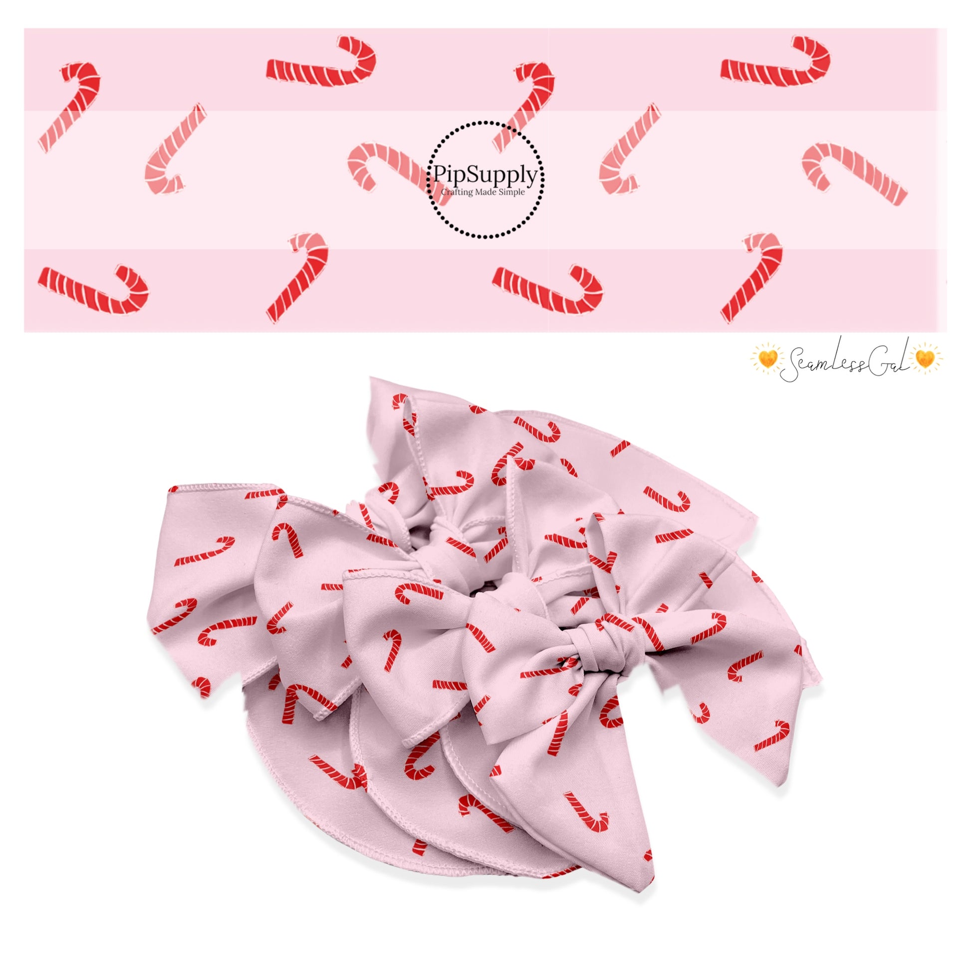 These Christmas themed no sew bow strips can be easily tied and attached to a clip for a finished hair bow. These fun patterned bow strips are great for personal use or to sell. These bow strips feature the following design elements: candy canes on pink.