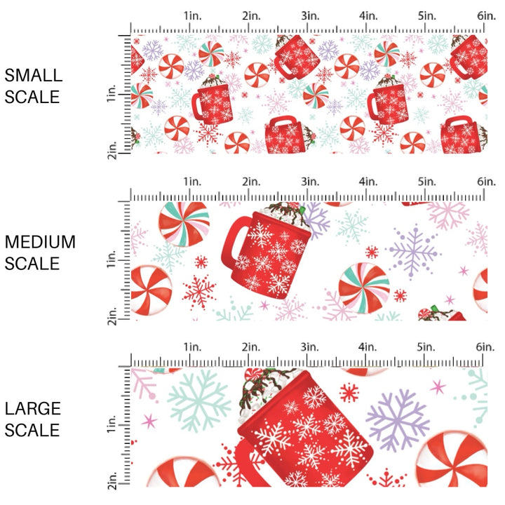 These Christmas themed pattern fabric by the yard features the following design elements: peppermint hot cocoa cups. This fun themed fabric can be used for all your sewing and crafting needs!