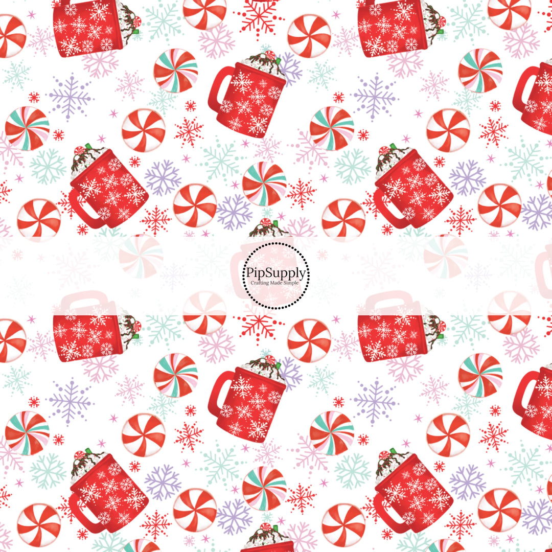 These Christmas themed pattern fabric by the yard features the following design elements: peppermint hot cocoa cups. This fun themed fabric can be used for all your sewing and crafting needs!