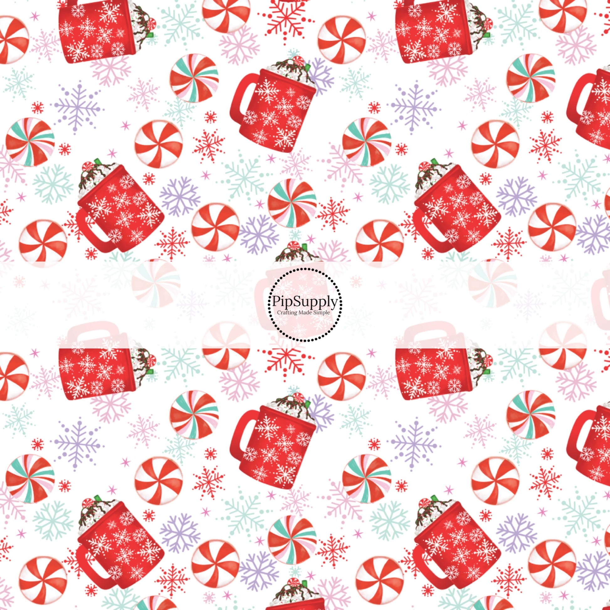 These Christmas themed pattern fabric by the yard features the following design elements: peppermint hot cocoa cups. This fun themed fabric can be used for all your sewing and crafting needs!