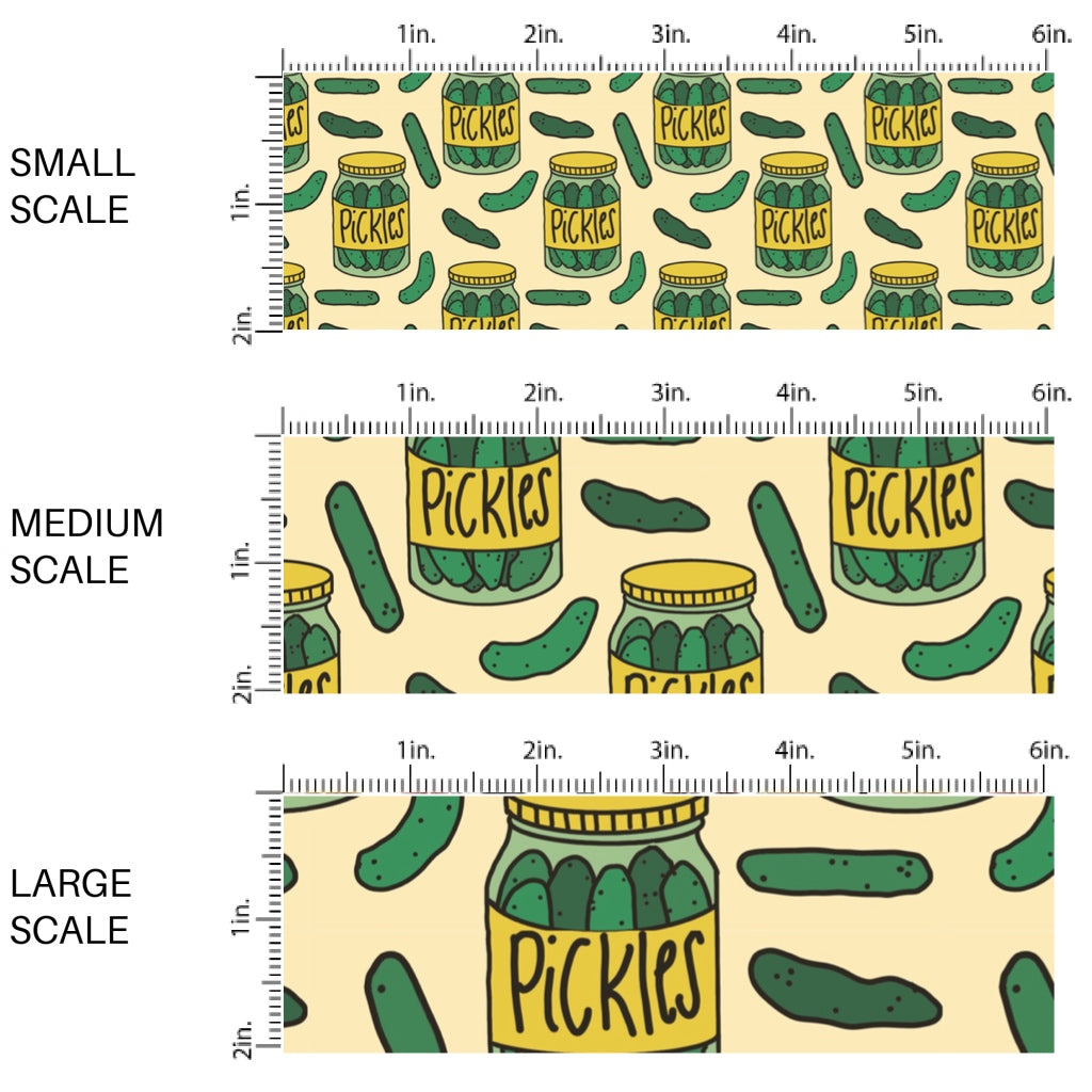 This scale chart of small scale, medium scale, and large scale of this food fabric by the yard features pickle jars and pickles. This fun themed fabric can be used for all your sewing and crafting needs!
