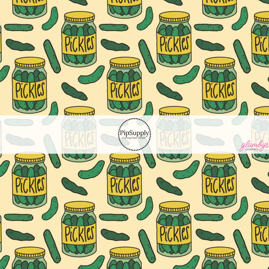 This food fabric by the yard features pickle jars and pickles. This fun themed fabric can be used for all your sewing and crafting needs!