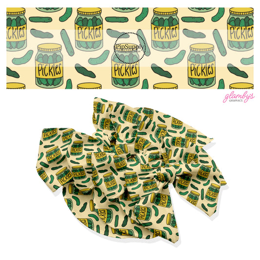 These food themed no sew bow strips can be easily tied and attached to a clip for a finished hair bow. These patterned bow strips are great for personal use or to sell. These bow strips feature pickle jars and pickles.
