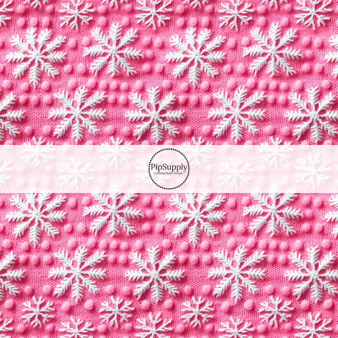 This winter snowflake fabric by the yard features the appearance of white 3D snowflakes on pink. This fun winter fabric can be used for all your sewing and crafting needs!