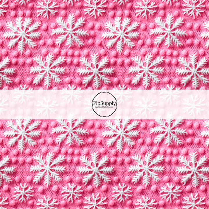 This winter snowflake fabric by the yard features the appearance of white 3D snowflakes on pink. This fun winter fabric can be used for all your sewing and crafting needs!