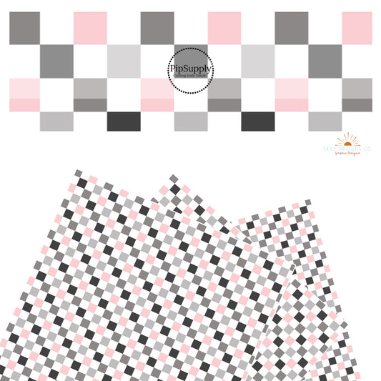 Pink, multi gray, and white checkered faux leather sheets
