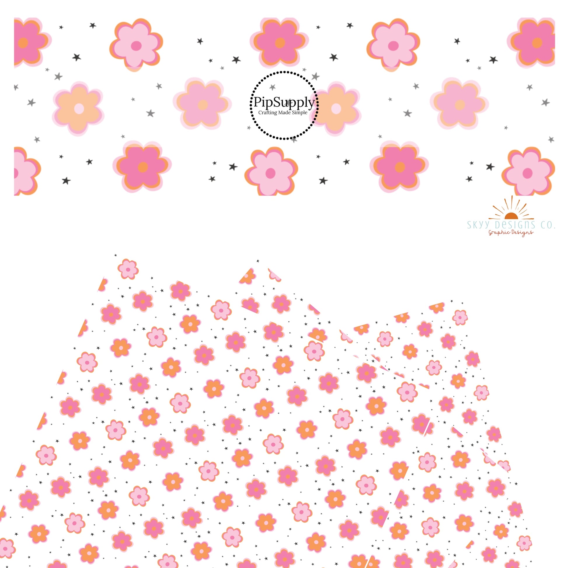 Pink and orange multi daisies with black stars on white faux leather sheets