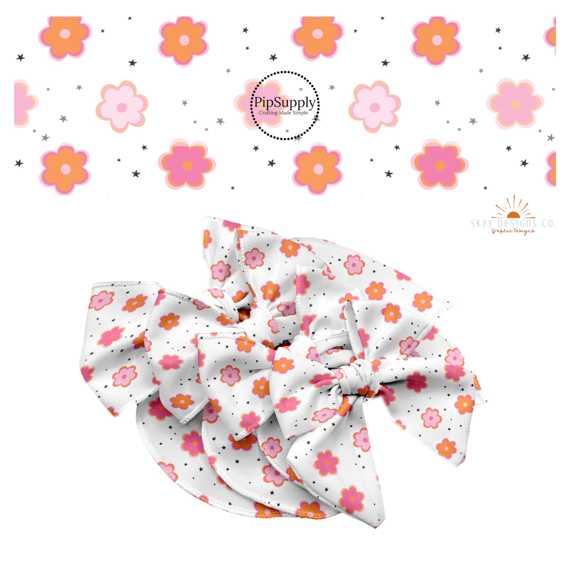 Black stars with pink and orange flowers on white hair bow strips