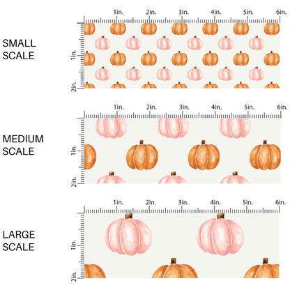 This scale chart of small scale, medium scale, and large scale of these Halloween themed cream fabric by the yard features orange and light pink pumpkins on ivory. This fun spooky themed fabric can be used for all your sewing and crafting needs! 