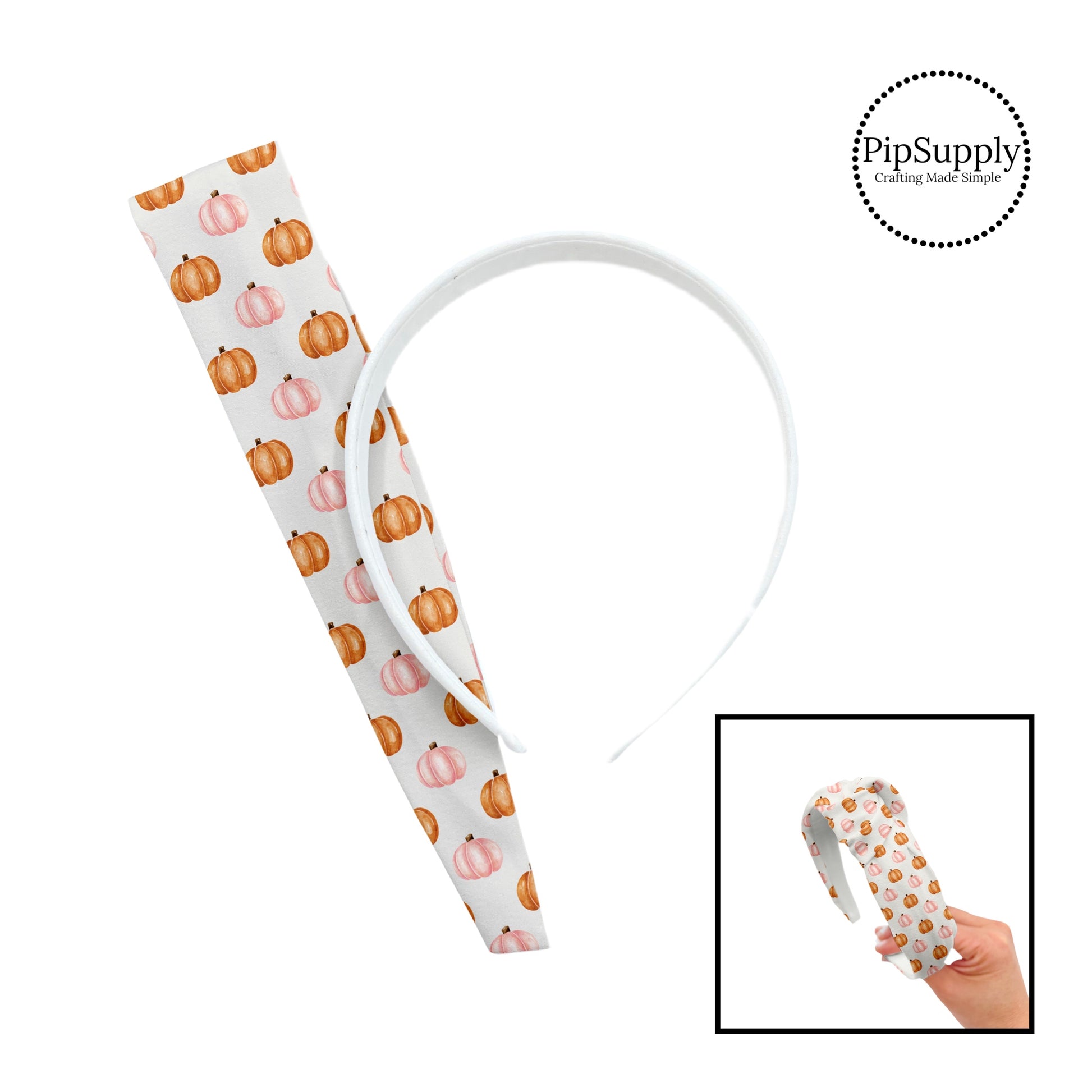 These Halloween themed cream headband kits are easy to assemble and come with everything you need to make your own knotted headband. These fun spooky kits include a custom printed and sewn fabric strip and a coordinating velvet headband. The headband kits features orange and light pink pumpkins on ivory. 