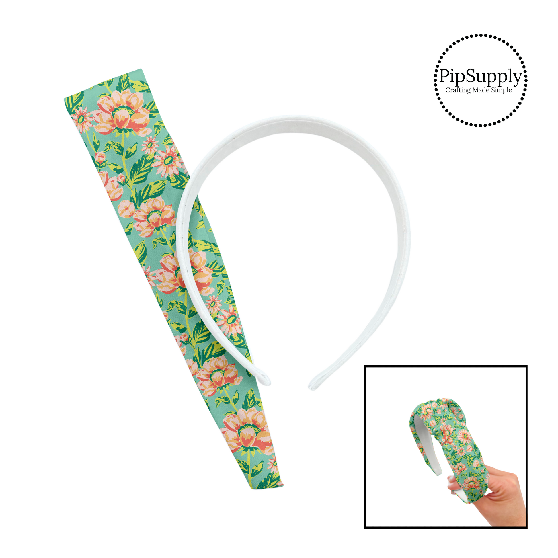 Watercolor Floral Peach, Pink, And Light Green Blooms On Green DIY Knotted Headband  Kit - Peach and Green Blooms DIY Knotted Headband Kit – Pip Supply