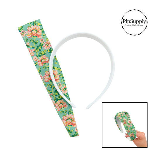 These fun spring and summer floral kits with beautiful leaves and flowers in the color of light pink, peach, and light green include a custom printed and sewn fabric strip and a coordinating velvet headband.  