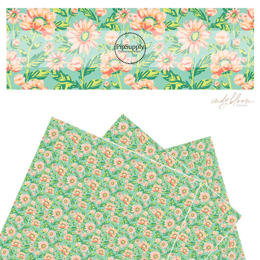 These pastel watercolor blooms on green faux leather sheets contain the following design elements: light pink, peach, and light green beautiful flowers and leaves.